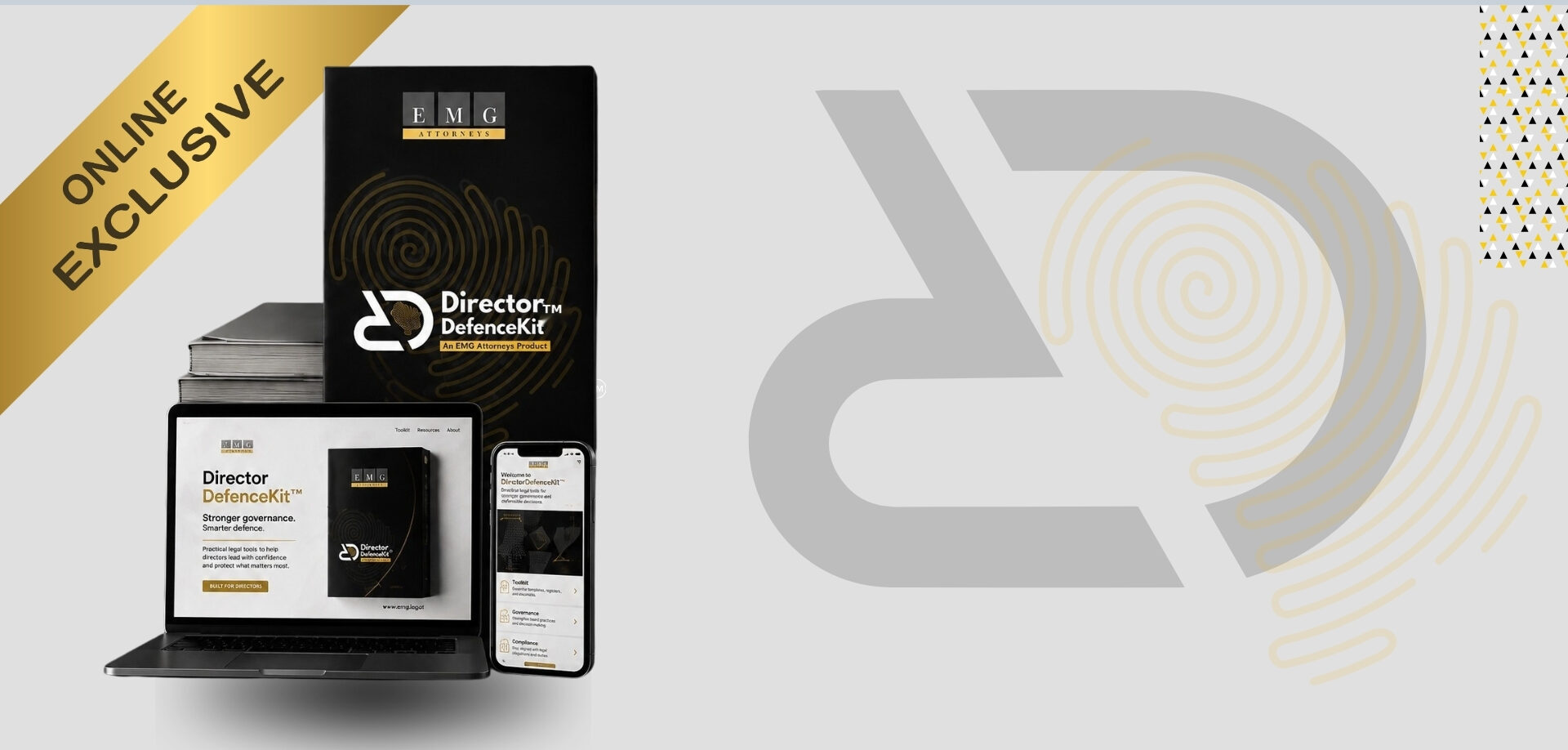 The Director DefenceKit shown as a printed book, on a laptop and on a phone, with an Online Exclusive ribbon